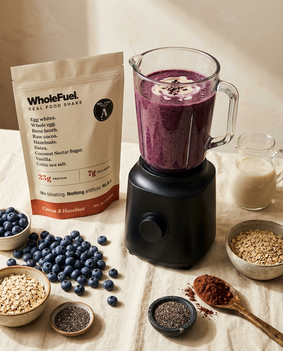 Blueberry smoothie in a blender surrounded by ingredients and a WholeFuel pouch