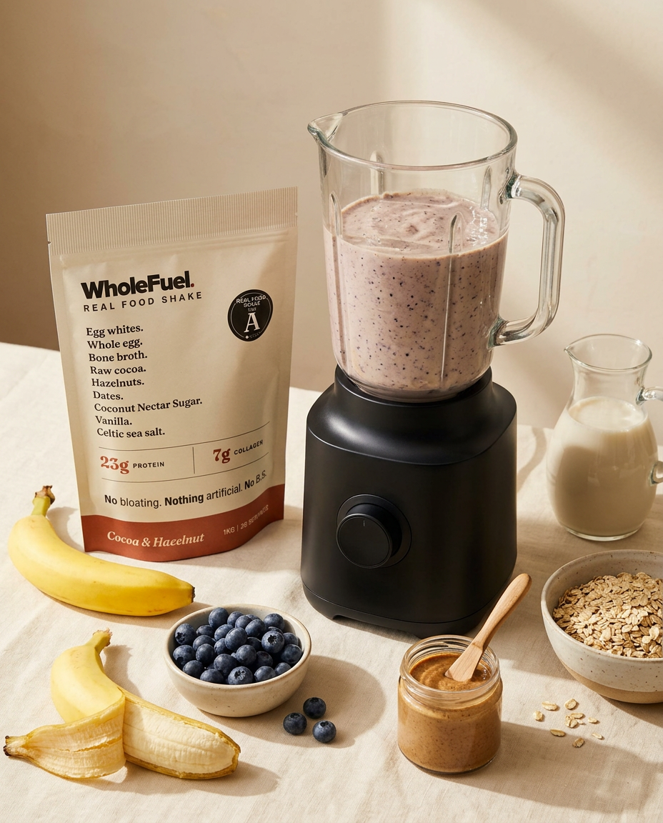 Blueberry & Banana smoothie in a blender surrounded by ingredients and a WholeFuel pouch