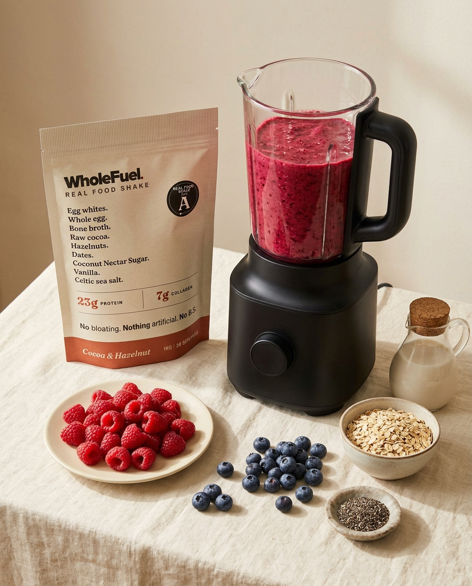 Raspberry & Blueberry smoothie in a blender surrounded by ingredients and a WholeFuel pouch