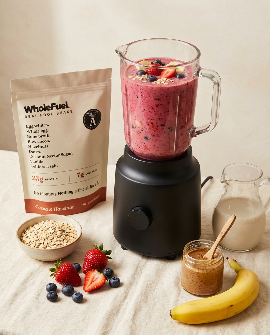 Strawberry, Banana & Blueberry smoothie in a blender surrounded by ingredients and a WholeFuel pouch