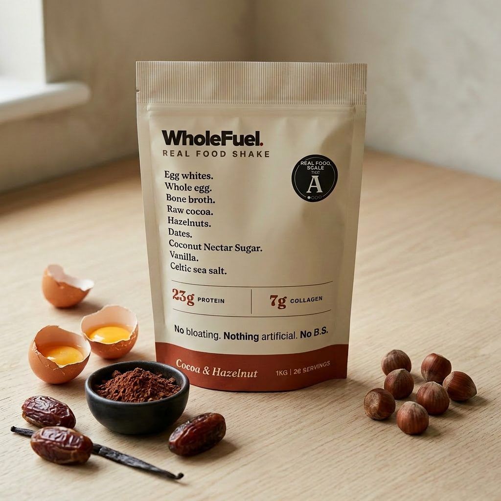 WholeFuel pouch with chocolate hazelnut shake and ingredients