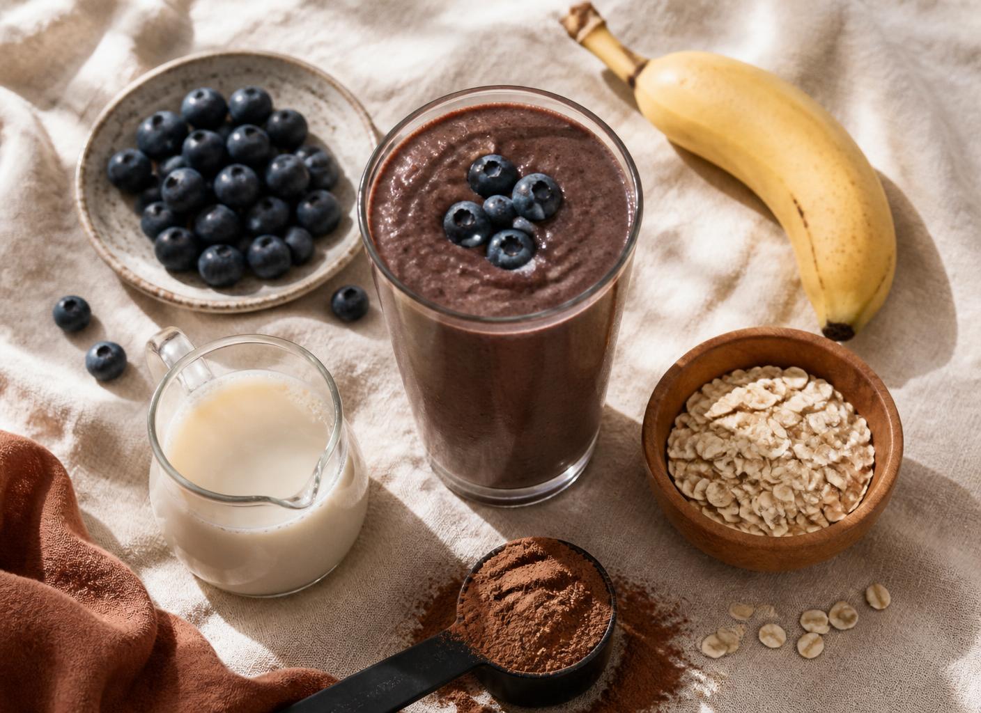 Overhead flat lay of a chocolate-blueberry WholeFuel breakfast smoothie surrounded by fresh blueberries, banana, oats, almond milk and a scoop of cocoa protein powder