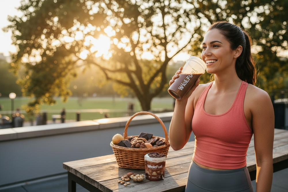 Not bad at all! Remove the text. Back the protein shake a chocolate colour. And have a pacakge of Wholefuel on the table